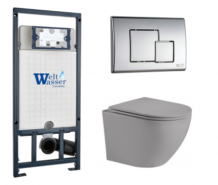 Комплект 3 в 1 инсталляция WeltWasser WW Marberg 507 + Унитаз подвесной Weltwasser WW Merzbach 043 MT-GR серый с кнопкой хром SE