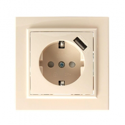 Розетка 2P+PE/USB Stekker Эрна со шторками слоновая кость PST16-9011-02 39237 в современном стиле