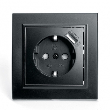Розетка 2P+PE/USB Stekker Эрна со шторками черный PST16-9011-03 39480 в современном стиле, цвет черный
