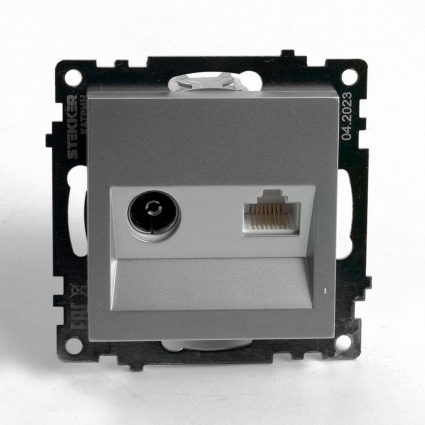 Розетка телевизионная TV + компьютерная RJ-45 Stekker Катрин серебро GLS00-7106-03 49183 в современном стиле, цвет серебро