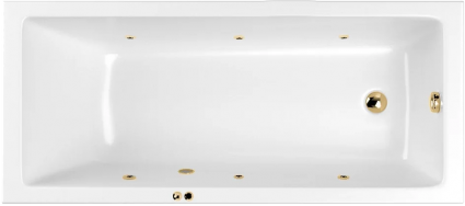 Акриловая ванна WHITECROSS Wave SOFT 150x70 см, с гидромассажем, с каркасом, со сливом-переливом, фурнитура золото, прямоугольная, пристенная