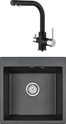 Комплект Мойка кухонная Paulmark Praktisch PM105152-BL черный + Смеситель Essen Es213011-418 черный металлик матовая, прямоугольная