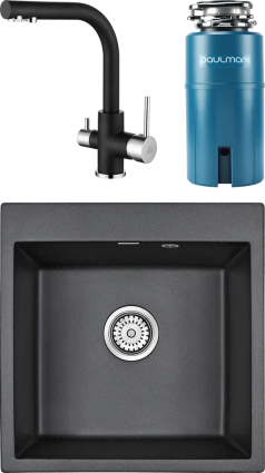 Комплект Мойка кухонная Paulmark Praktisch PM105152-BL черный + Смеситель Essen Es213011-418 черный металлик + Измельчитель Intenso I-500 матовая, прямоугольная