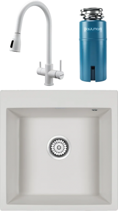 Комплект Мойка кухонная Paulmark Praktisch PM105152-WH белый + Смеситель Lange 214212-431 белый матовый + Измельчитель Intenso I-800 прямоугольная, мощность 560 Вт