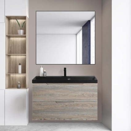 Мебель для ванной BelBagno Vittoria 100 подвесная, pino, черная матовая раковина, глянцевая, с ящиками