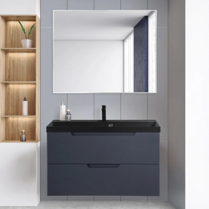 Мебель для ванной BelBagno Vittoria 100 подвесная, grigio opaco, черная матовая раковина, глянцевая, с ящиками