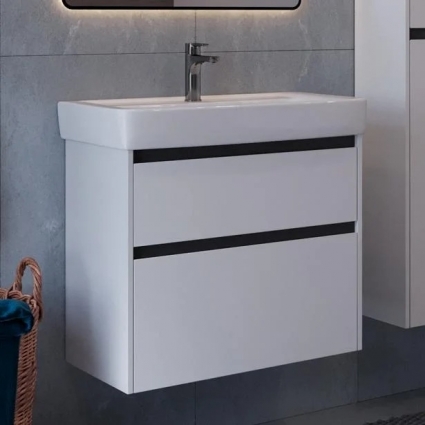 Тумба с раковиной Lemark Combi 80 черная, белая глянцевая, с ящиками, с доводчиками