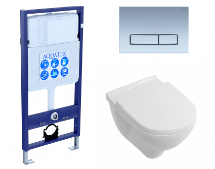 Комплект 3 в 1 инсталляция Акватек Standart 50 + Унитаз подвесной Villeroy & Boch O Novo Directflush с кнопкой хром матовой