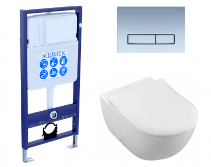 Комплект 3 в 1 инсталляция Акватек Standart 50 + Унитаз подвесной Villeroy & Boch Subway 2.0 с кнопкой хром матовой