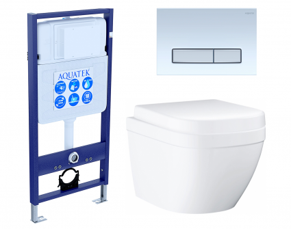 Комплект 3 в 1 инсталляция Акватек Standart 50 + Унитаз подвесной Grohe Euro Ceramic 39206000 с кнопкой белой хром