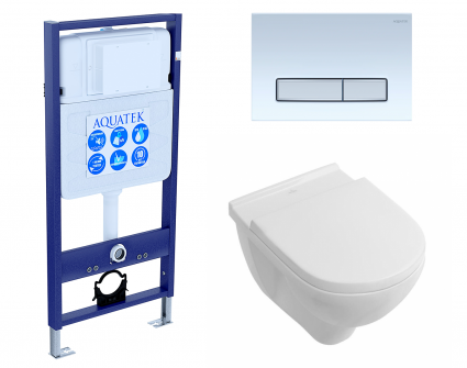 Комплект 3 в 1 инсталляция Акватек Standart 50 + Унитаз подвесной Villeroy & Boch O Novo Directflush с кнопкой белой хром