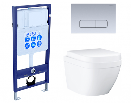 Комплект 3 в 1 инсталляция Акватек Standart 50 + Унитаз подвесной Grohe Euro Ceramic 39206000 с кнопкой хром матовой