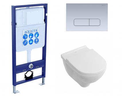 Комплект 3 в 1 инсталляция Акватек Standart 50 + Унитаз подвесной Villeroy & Boch O Novo Directflush с кнопкой хром матовой
