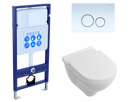 Комплект 3 в 1 инсталляция Акватек Standart 50 + Унитаз подвесной Villeroy & Boch O Novo Directflush с кнопкой белой