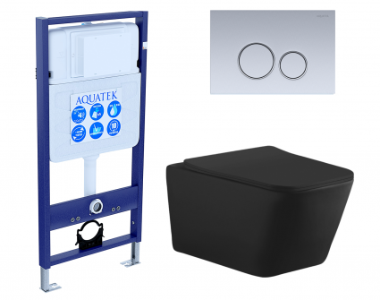 Комплект 3 в 1 инсталляция Акватек Standart 50 + Унитаз подвесной Aquanet Tavr-W BW 287011 черный с кнопкой хром матовой