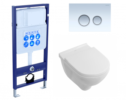 Комплект 3 в 1 инсталляция Акватек Standart 50 + Унитаз подвесной Villeroy & Boch O Novo Directflush с кнопкой белой хром