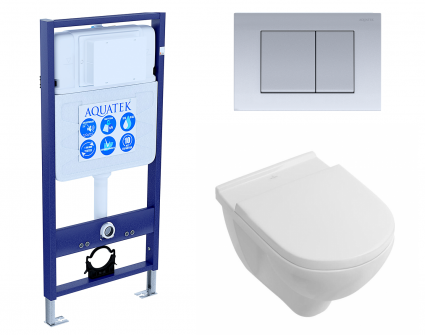 Комплект 3 в 1 инсталляция Акватек Standart 50 + Унитаз подвесной Villeroy & Boch O Novo Directflush с кнопкой хром матовой
