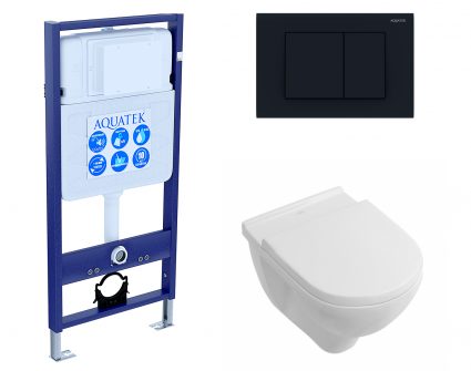 Комплект 3 в 1 инсталляция Акватек Standart 50 + Унитаз подвесной Villeroy & Boch O Novo Directflush с кнопкой черной
