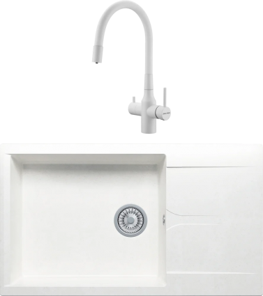 Комплект Мойка кухонная Polygran Gals 862 белый хлопок + Смеситель Paulmark Salix 213419-431 белый матовый, белый, с гибким изливом, матовая, прямоугольная