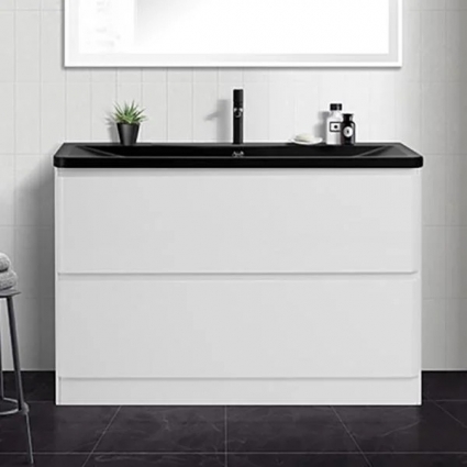 Тумба с раковиной BelBagno Albano 120 напольная, bianco lucido, черная матовая раковина, глянцевая, с ящиками