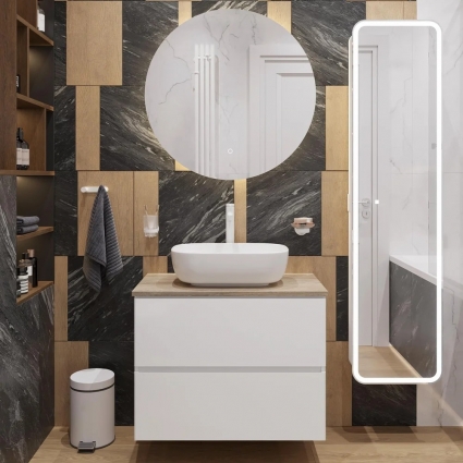 Мебель для ванной STWORKI Колдинг 80 белая, с раковиной Moduo 50 Square, столешница орех матовый, подвесная, глянцевая