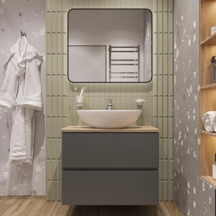 Мебель для ванной STWORKI Колдинг 80, антрацит, с раковиной Moduo 55 Leaf, столешница орех матовый, подвесная, с ящиками