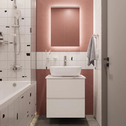 Мебель для ванной STWORKI Колдинг 60 белая, с раковиной 50 Square, столешница белая сатиновая, подвесная, глянцевая