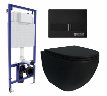 Комплект 3 в 1 инсталляция Berges Wasserhaus Novum L5 + Унитаз подвесной Enio Unico BL черный EN4105055 + кнопка черная