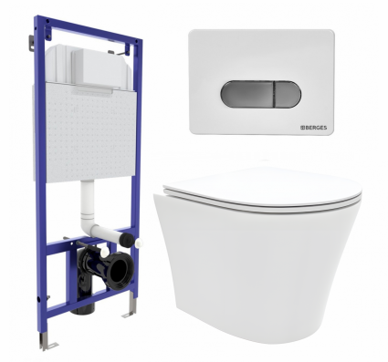Комплект 3 в 1 инсталляция Berges Wasserhaus Novum D7 + Унитаз подвесной Enio Neo EN5370588 + кнопка хром
