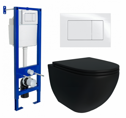 Комплект 3 в 1 инсталляция Berges Wasserhaus Atom 410 + Унитаз подвесной Enio Unico BL черный EN4105055 + кнопка белая