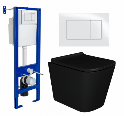 Комплект 3 в 1 инсталляция Berges Wasserhaus Atom 410 + Унитаз подвесной Enio Binario BL черный EN4180225 + кнопка белая