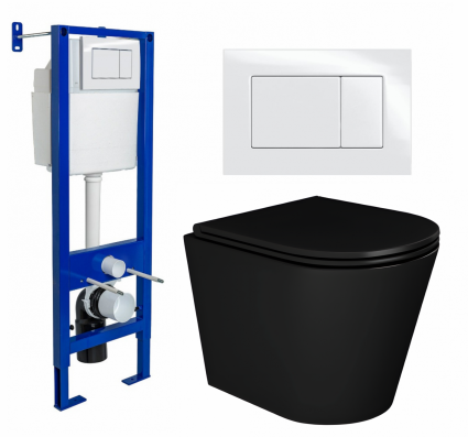 Комплект 3 в 1 инсталляция Berges Wasserhaus Atom 410 + Унитаз подвесной Enio Cento BL черный EN4280035 + кнопка белая