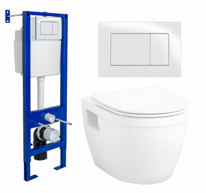 Комплект 3 в 1 инсталляция Berges Wasserhaus Atom 410 + Унитаз подвесной Enio Bolo EN8350034 + кнопка белая