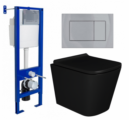 Комплект 3 в 1 инсталляция Berges Wasserhaus Atom 410 + Унитаз подвесной Enio Binario BL черный EN4180225 + кнопка хром