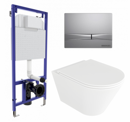 Комплект 3 в 1 инсталляция Berges Wasserhaus Novum 040252 + Унитаз подвесной Enio Cento EN4280110 + кнопка хром матовая