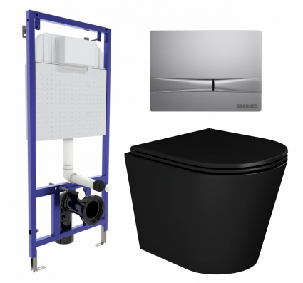 Комплект 3 в 1 инсталляция Berges Wasserhaus Novum 040252 + Унитаз подвесной Enio Cento BL черный EN4280035 + кнопка хром матовая