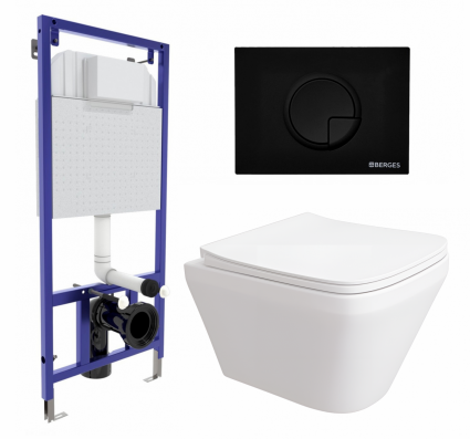 Комплект 3 в 1 инсталляция Berges Wasserhaus Novum 040225 + Унитаз подвесной Enio Vicino EN9170544 + кнопка черная