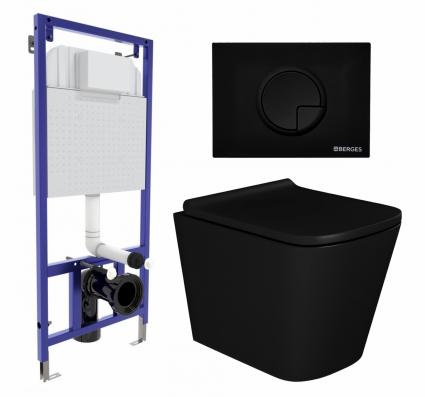 Комплект 3 в 1 инсталляция Berges Wasserhaus Novum 040225 + Унитаз подвесной Enio Binario BL черный EN4180225 + кнопка черная