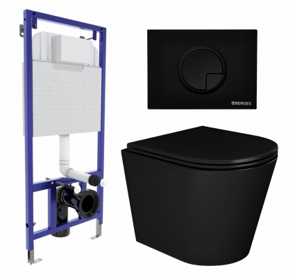 Комплект 3 в 1 инсталляция Berges Wasserhaus Novum 040225 + Унитаз подвесной Enio Cento BL черный EN4280035 + кнопка черная