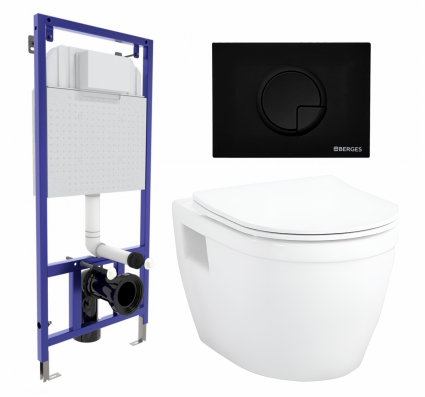 Комплект 3 в 1 инсталляция Berges Wasserhaus Novum 040225 + Унитаз подвесной Enio Bolo EN8350034 + кнопка черная