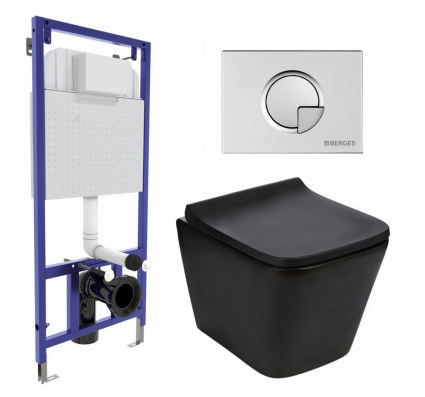 Комплект 3 в 1 инсталляция Berges Wasserhaus Novum 040222 + Подвесной унитаз WeltWasser Gelbach 043 MT-BL + кнопка хром матовая