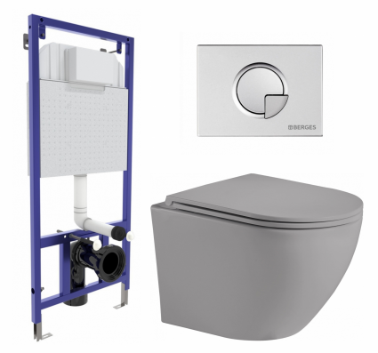 Комплект 3 в 1 инсталляция Berges Wasserhaus Novum 040222 + Унитаз подвесной Weltwasser WW Merzbach 043 MT-GR + кнопка хром матовая