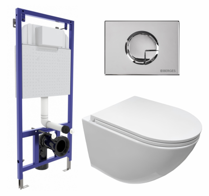 Комплект 3 в 1 инсталляция Berges Wasserhaus Novum 040223 + Подвесной безободковый унитаз CeruttiSpa Sella aria CT7183 + кнопка хром