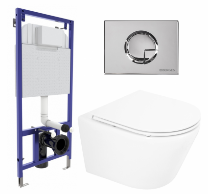 Комплект 3 в 1 инсталляция Berges Wasserhaus Novum 040223 + Унитаз подвесной BelBagno Tre BB8001CHR/SC + кнопка хром