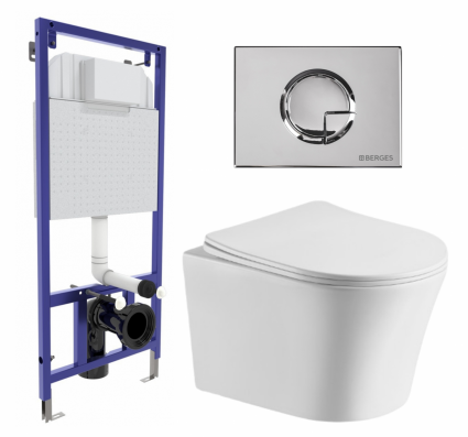 Комплект 3 в 1 инсталляция Berges Wasserhaus Novum 040223 + Подвесной унитаз CeruttiSpa Adige Aria CT7837 + кнопка хром