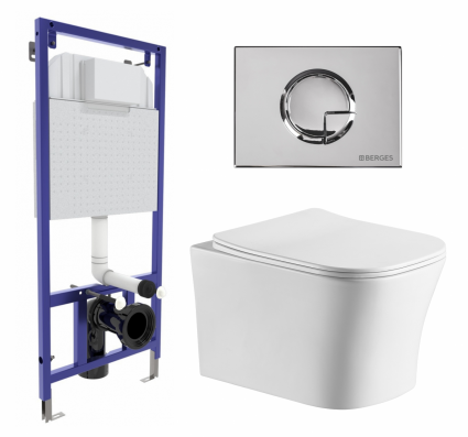Комплект 3 в 1 инсталляция Berges Wasserhaus Novum 040223 + Подвесной унитаз CeruttiSpa Marmolada aria CT7778 + кнопка хром