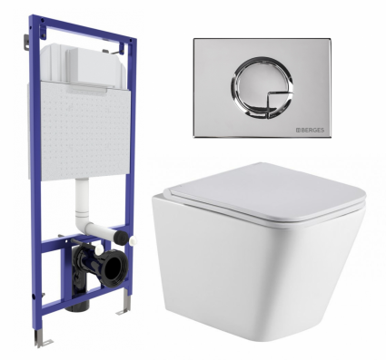 Комплект 3 в 1 инсталляция Berges Wasserhaus Novum 040223 + Подвесной унитаз WeltWasser Gelbach 043 GL-WT + кнопка хром