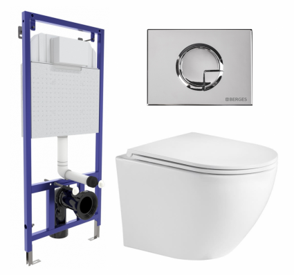 Комплект 3 в 1 инсталляция Berges Wasserhaus Novum 040223 + Подвесной унитаз WeltWasser Merzbach 043 GL-WT + кнопка хром