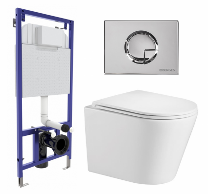 Комплект 3 в 1 инсталляция Berges Wasserhaus Novum 040223 + Подвесной унитаз WeltWasser Salzbach 043 GL-WT + кнопка хром