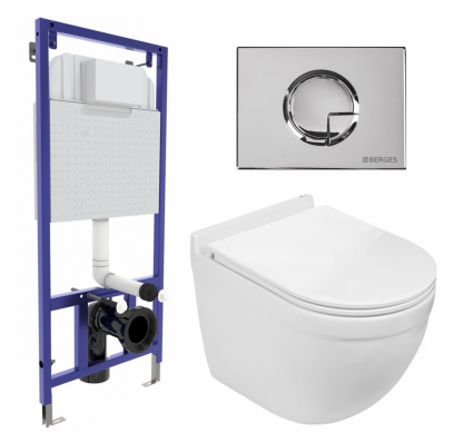 Комплект 3 в 1 инсталляция Berges Wasserhaus Novum 040223 + Подвесной унитаз WeltWasser Heimbach 043 GL-WT + кнопка хром